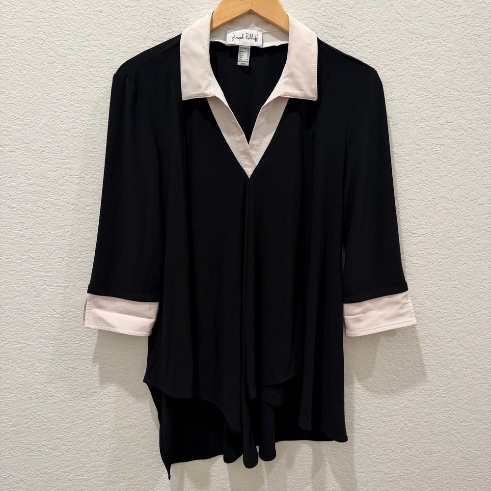 Joseph Ribkoff Womens Black Cream V-Neck Sharkbite Hem Tunic Top Size 12 Canada